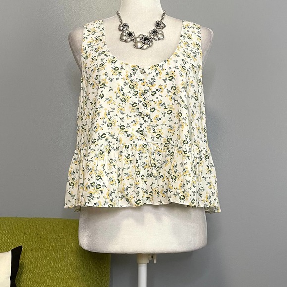 WAYF White Yellow Green Floral Ruffle Peplum Crop Top NEW Medium - Picture 1 of 5